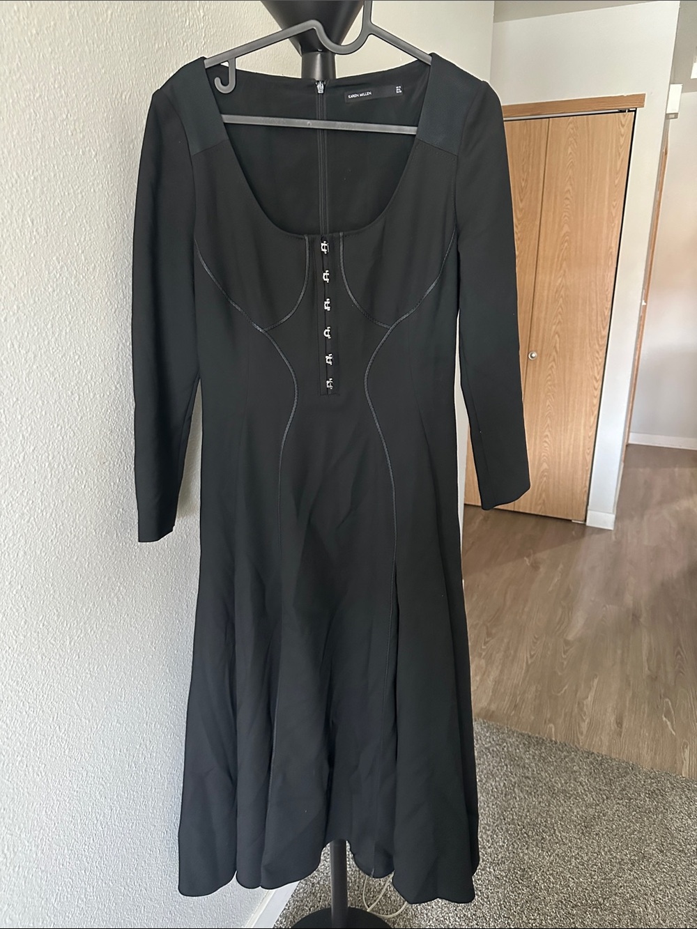 Karen Millen Black Long-Sleeve Fit-and-Flare Dress with Front Zip Detail